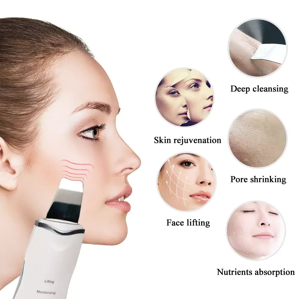Ultrasonic Skin Scrubber Deep Facial Cleaner Ion Acne Blackhead Remover Peeling Shovel Cleaner Facial Massager Face Lift Machine
