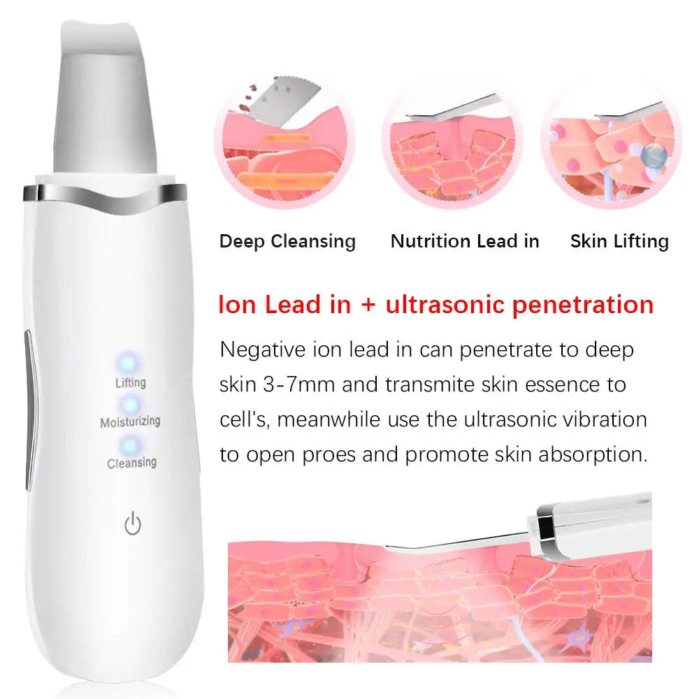 Ultrasonic Skin Scrubber Deep Facial Cleaner Ion Acne Blackhead Remover Peeling Shovel Cleaner Facial Massager Face Lift Machine