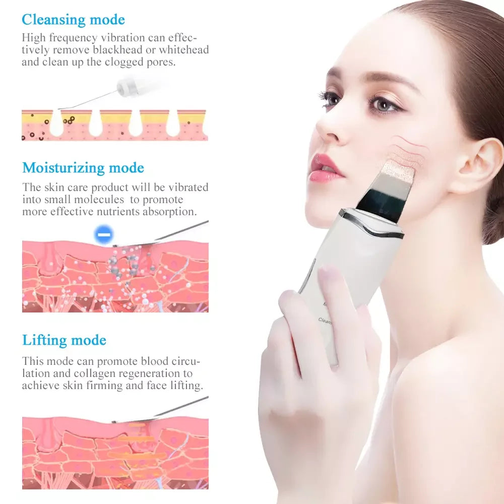 Ultrasonic Skin Scrubber Deep Facial Cleaner Ion Acne Blackhead Remover Peeling Shovel Cleaner Facial Massager Face Lift Machine
