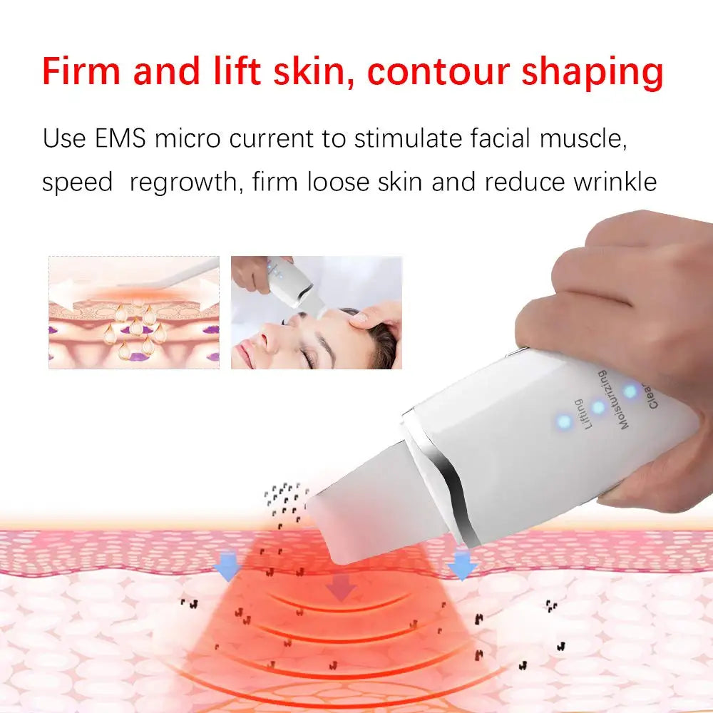 Ultrasonic Skin Scrubber Deep Facial Cleaner Ion Acne Blackhead Remover Peeling Shovel Cleaner Facial Massager Face Lift Machine