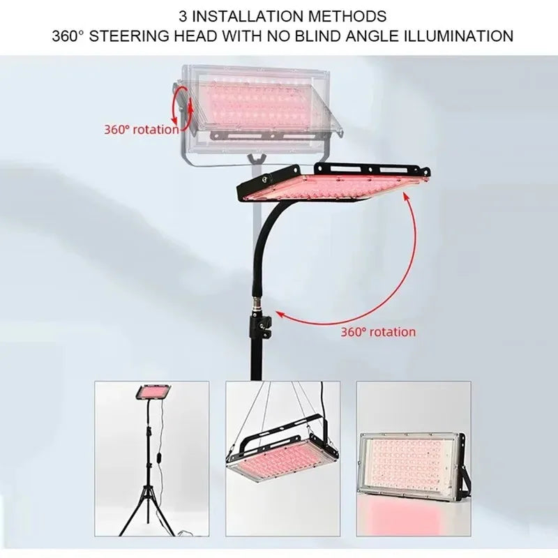 Red light therapy lamp with adjustable stand for full body care.