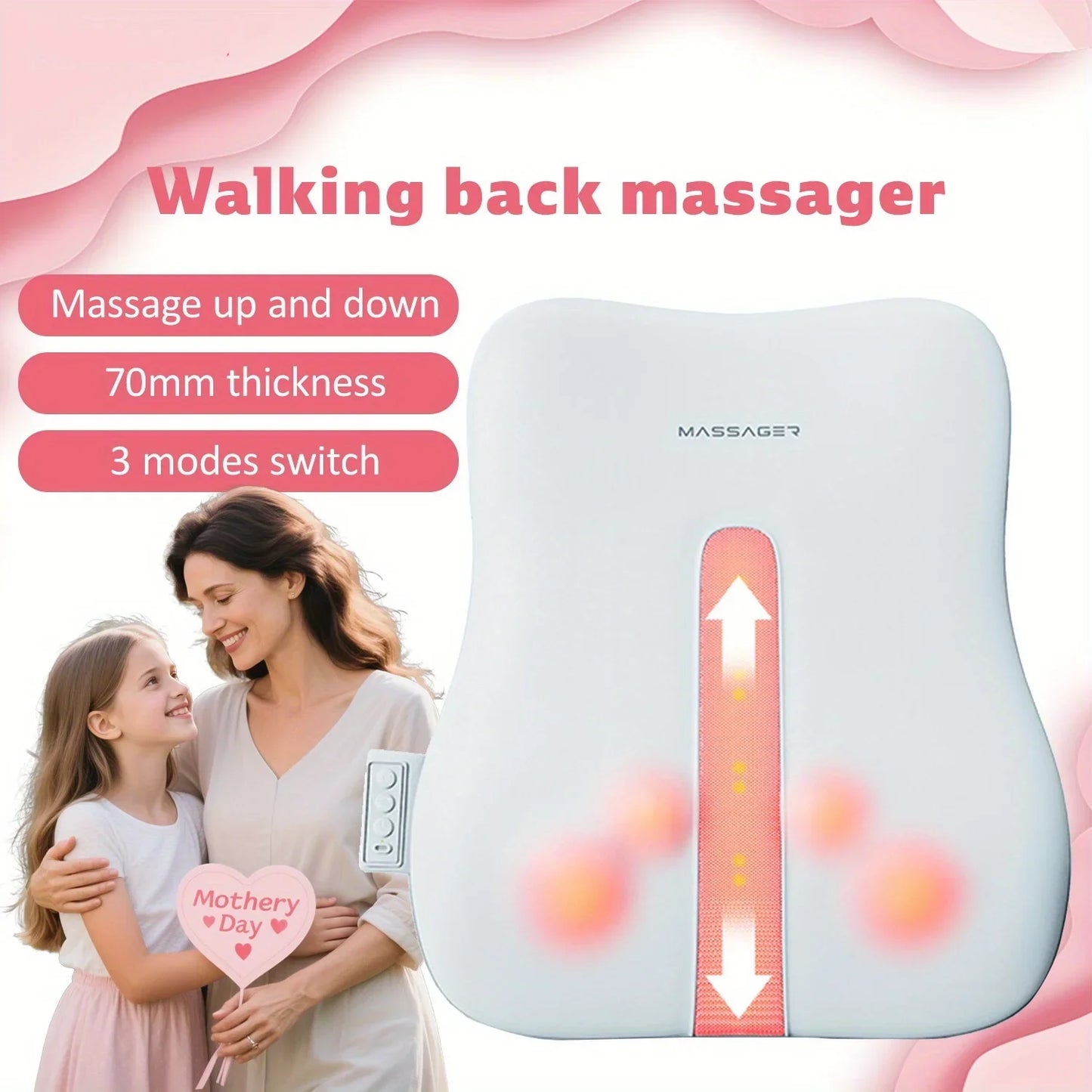 Electric Back Massager with Heat Portable Massage Cushion Cervical Waist Support Deep Tissue Kneading Shiatsu Rechargeable Use