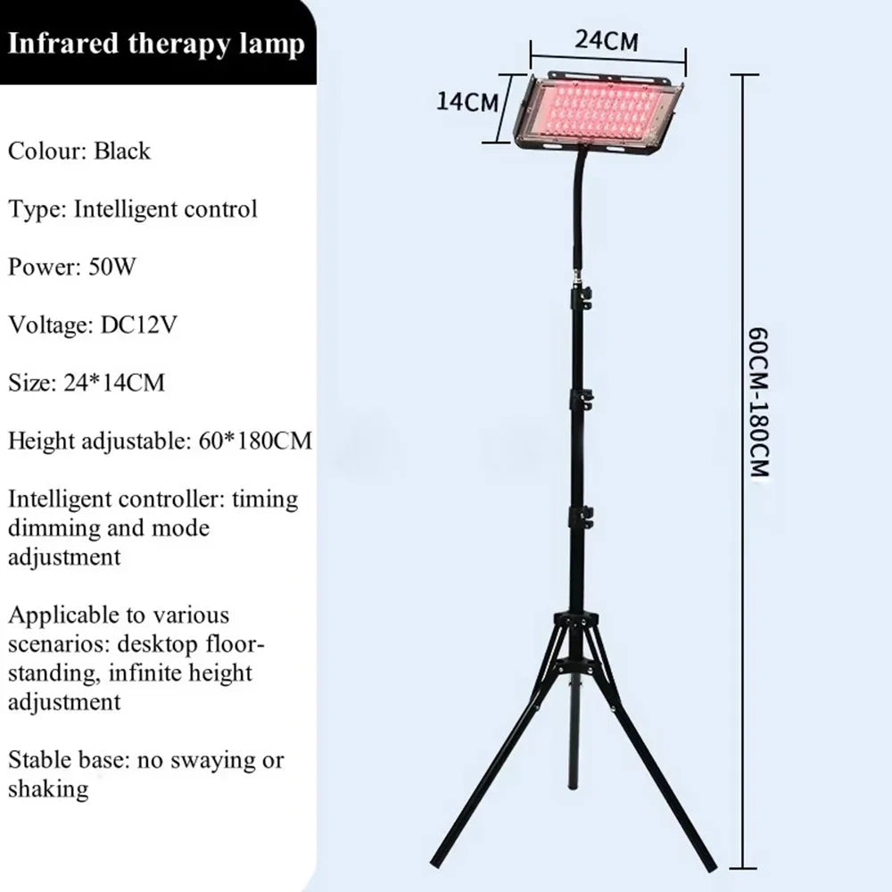 Red light therapy lamp with adjustable stand for full body care.