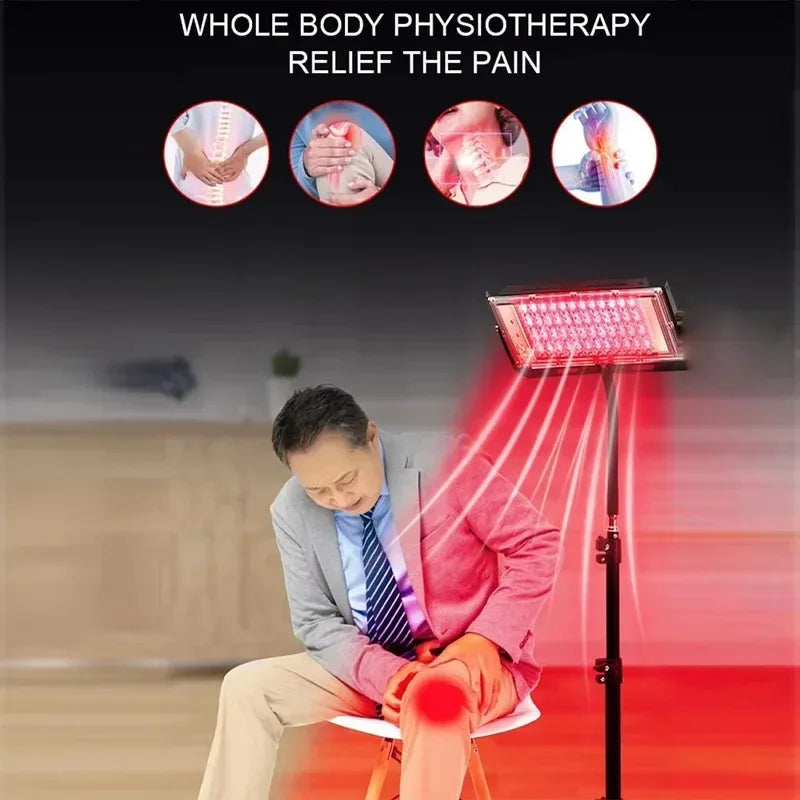Red light therapy lamp with adjustable stand for full body care.