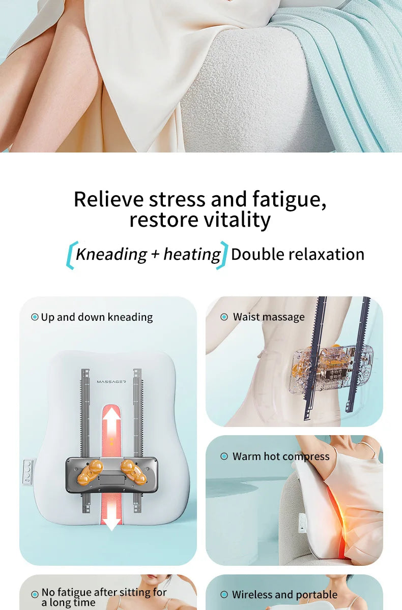 Electric Back Massager with Heat Portable Massage Cushion Cervical Waist Support Deep Tissue Kneading Shiatsu Rechargeable Use