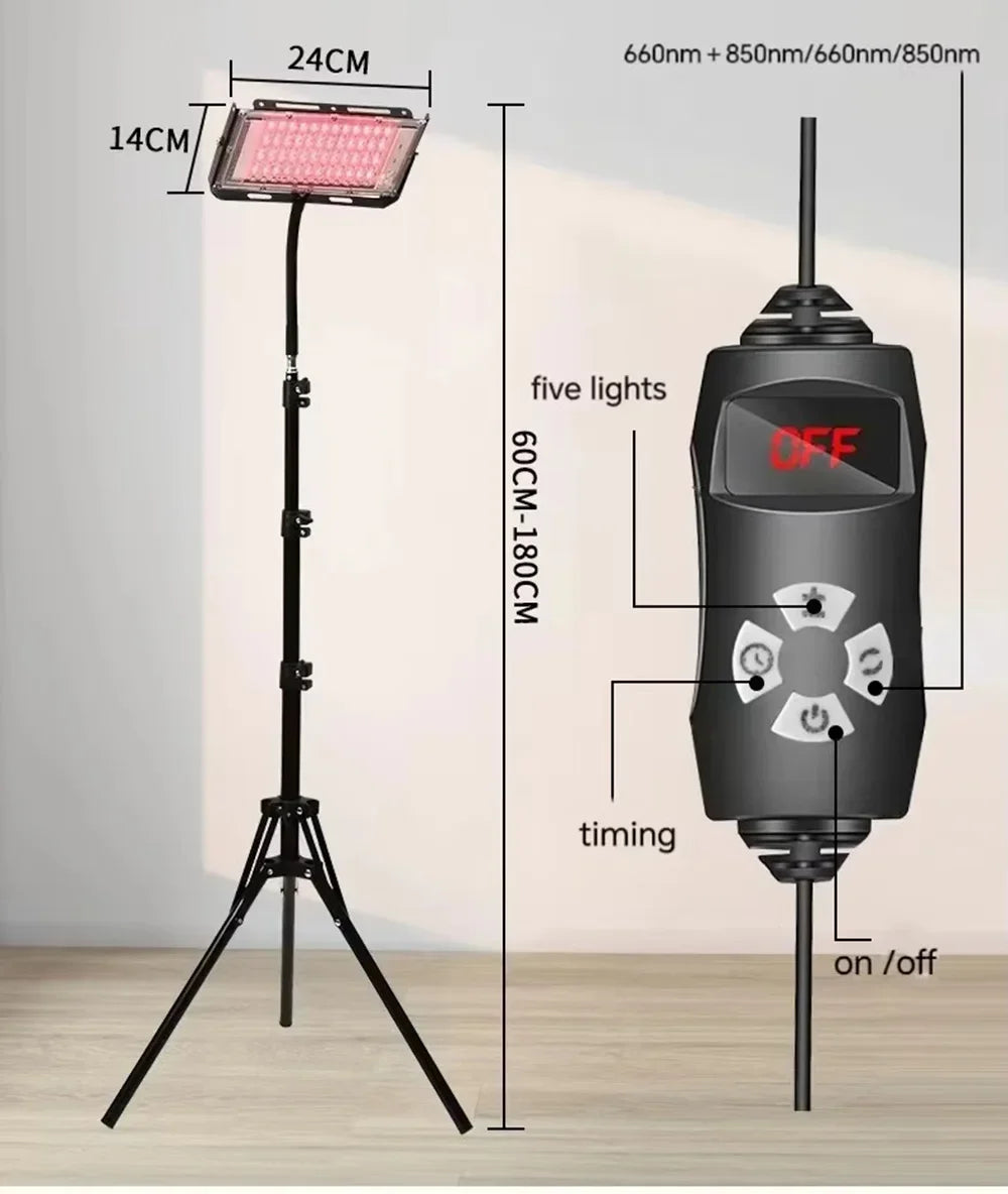 Red light therapy lamp with adjustable stand for full body care.