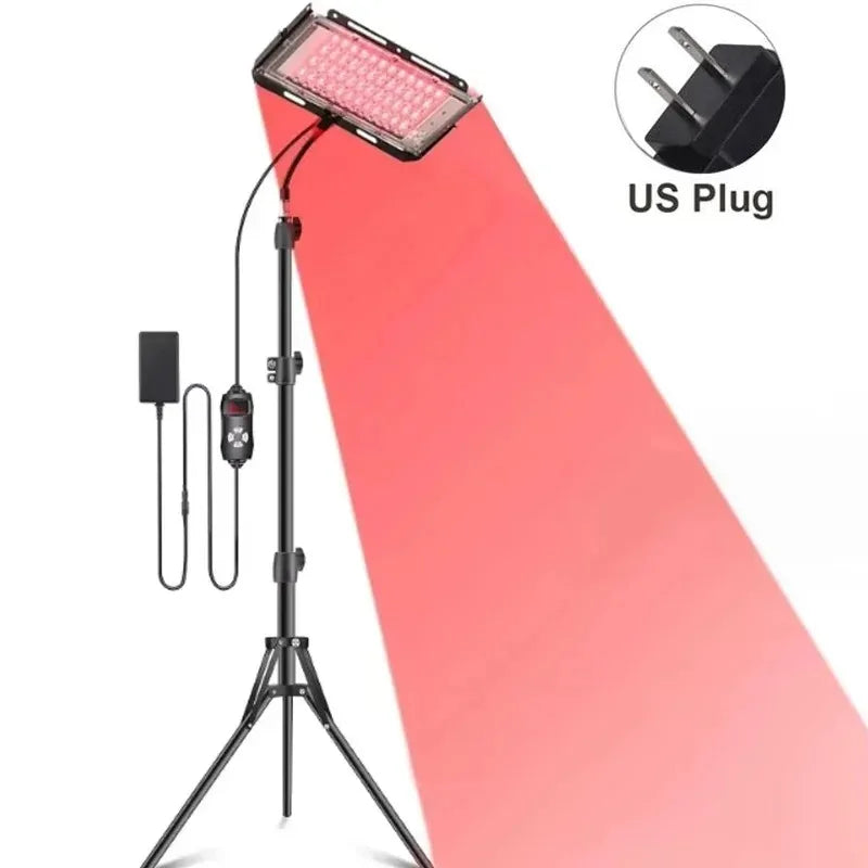 Red light therapy lamp with adjustable stand for full body care.