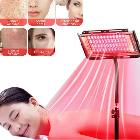 Red light therapy lamp with adjustable stand for full body care.