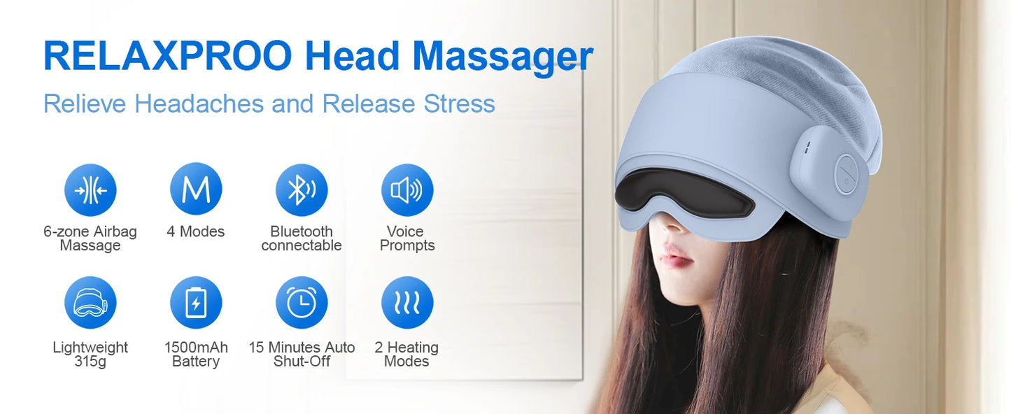 Head Massager for Fatigue Relief, Eye Massager with Heat, Head and Eye Massage for Stress Relief, Bluetooth-Capable, Ideal gifts