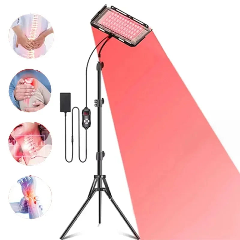 Red light therapy lamp with adjustable stand for full body care.