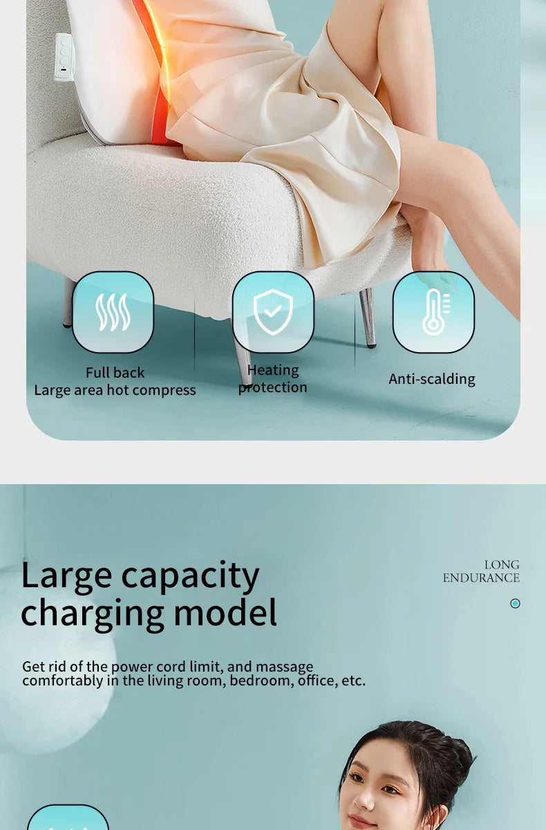 Electric Back Massager with Heat Portable Massage Cushion Cervical Waist Support Deep Tissue Kneading Shiatsu Rechargeable Use