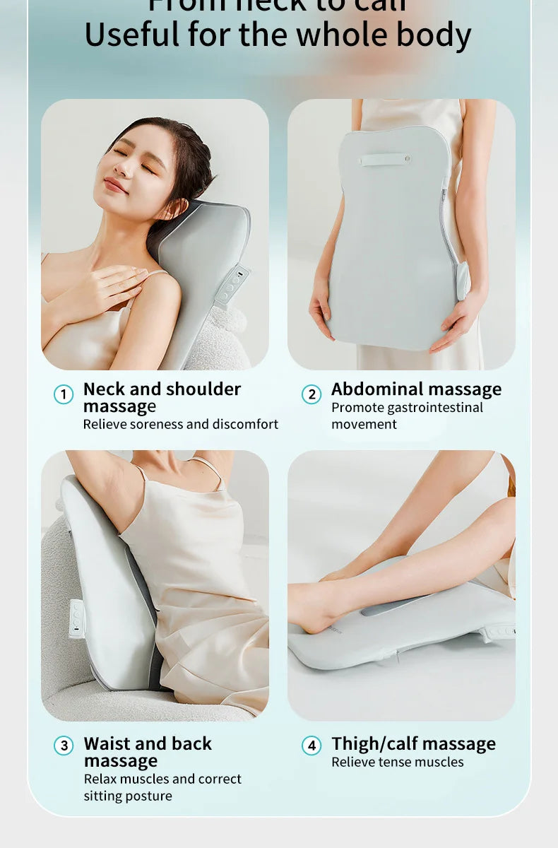 Electric Back Massager with Heat Portable Massage Cushion Cervical Waist Support Deep Tissue Kneading Shiatsu Rechargeable Use