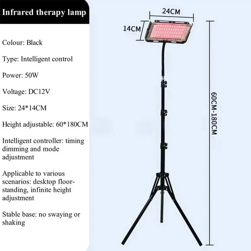 Red light therapy lamp with adjustable stand for full body care.