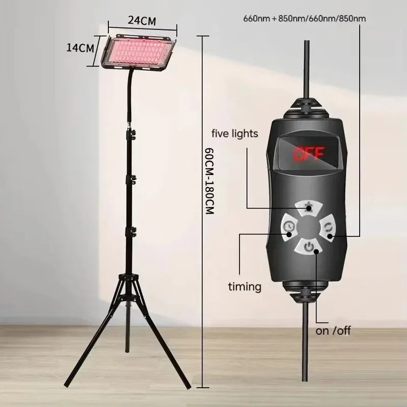 Red light therapy lamp with adjustable stand for full body care.