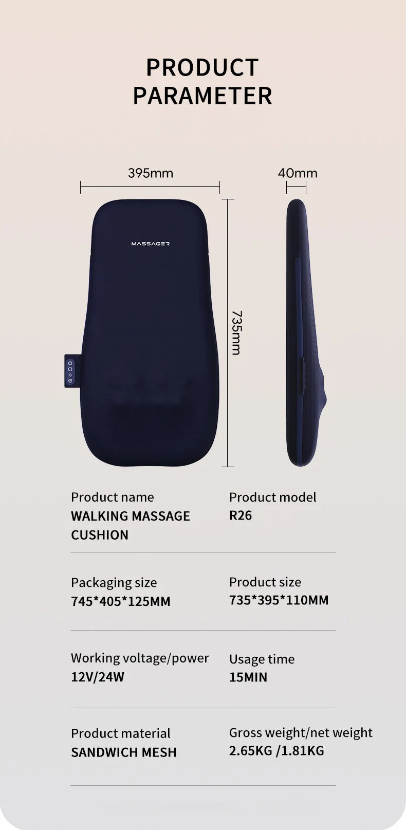 Electric Back Massager with Heat Portable Massage Cushion Cervical Waist Support Deep Tissue Kneading Shiatsu Rechargeable Use