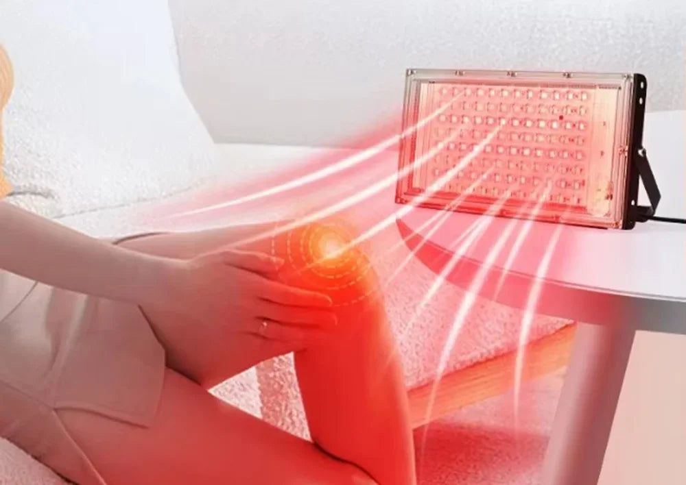 Red light therapy lamp with adjustable stand for full body care.