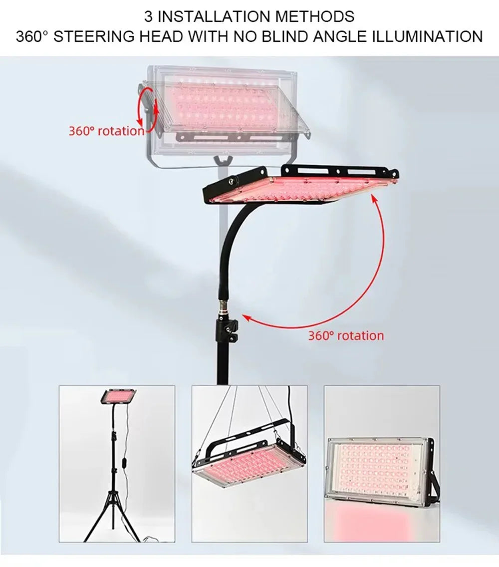 Red light therapy lamp with adjustable stand for full body care.
